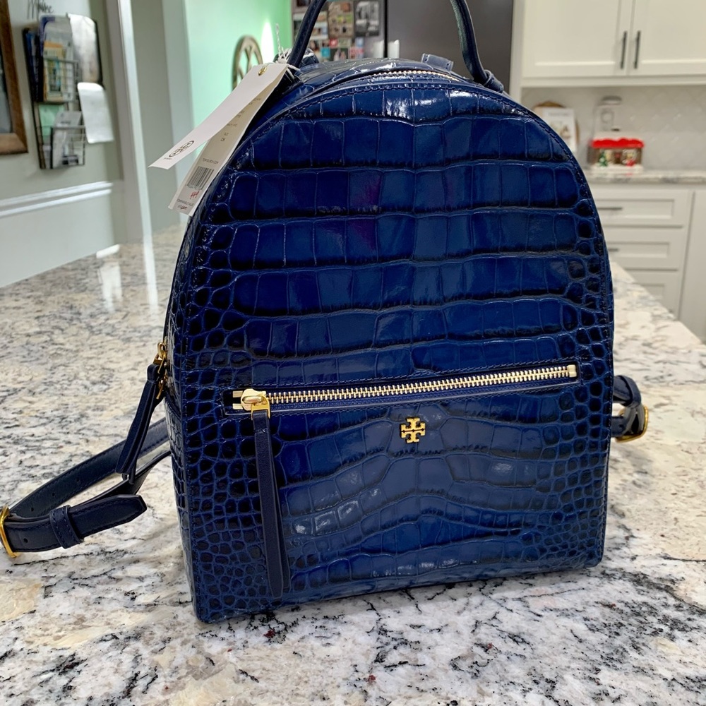 Tory Burch Croc Embossed Mini Navy Backpack
